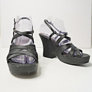 VTG 90s Black Block Heels Strappy Y2K Retro Shoes Sz‎ 7 Vintage Prom Sandals SEE